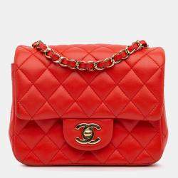 Pre Owned Chanel Red Mini Square Classic Lambskin Single Flap