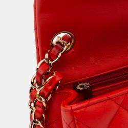 Pre Owned Chanel Red Mini Square Classic Lambskin Single Flap