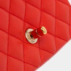 Pre Owned Chanel Red Mini Square Classic Lambskin Single Flap