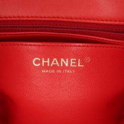 Pre Owned Chanel Red Mini Square Classic Lambskin Single Flap