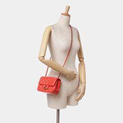 Pre Owned Chanel Red Mini Square Classic Lambskin Single Flap