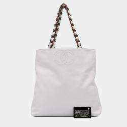 Chanel White CC Caviar Chain Tote