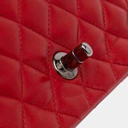 Pre Owned Chanel Red Mini Square Classic Lambskin Single Flap