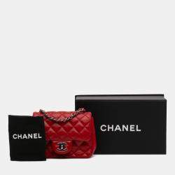 Pre Owned Chanel Red Mini Square Classic Lambskin Single Flap