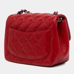 Pre Owned Chanel Red Mini Square Classic Lambskin Single Flap