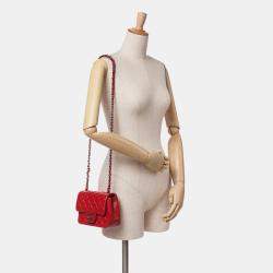Pre Owned Chanel Red Mini Square Classic Lambskin Single Flap