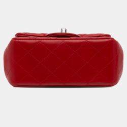 Pre Owned Chanel Red Mini Square Classic Lambskin Single Flap