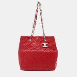 Chanel Red CC Quilted Lambskin Chain Tote