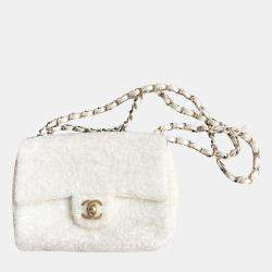 Pre Owned Chanel White Sequin Large Mini Flap Shoulder Bag