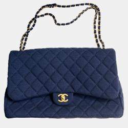 Pre Owned Chanel Blue Knit Microchip Version XXL Classic Flap Shoulder Bag 