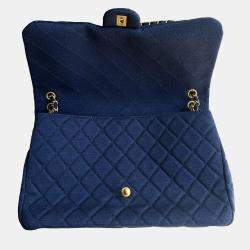 Pre Owned Chanel Blue Knit Microchip Version XXL Classic Flap Shoulder Bag 