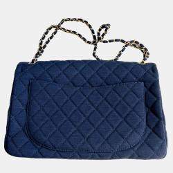 Pre Owned Chanel Blue Knit Microchip Version XXL Classic Flap Shoulder Bag 