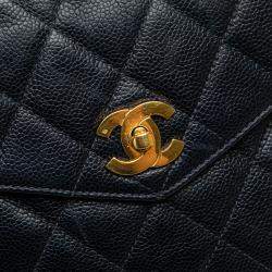 Pre Owned Chanel Navy Blue Quilted Caviar Front Pocket Chain Tote