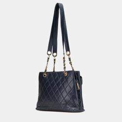 Pre Owned Chanel Navy Blue Quilted Caviar Front Pocket Chain Tote