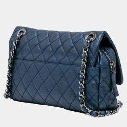 Pre Owned Chanel Blue Jumbo Iridescent Quilted Caviar Easy Flap