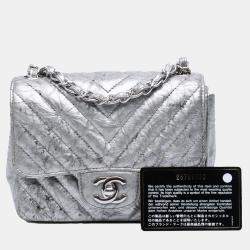 Pre Owned Chanel Silver Mini Square Classic Chevron Metallic Crumpled Patent Single Flap