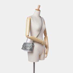 Pre Owned Chanel Silver Mini Square Classic Chevron Metallic Crumpled Patent Single Flap