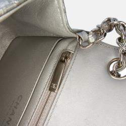 Pre Owned Chanel Silver Mini Square Classic Chevron Metallic Crumpled Patent Single Flap