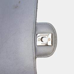 Pre Owned Chanel Silver Mini Square Classic Chevron Metallic Crumpled Patent Single Flap