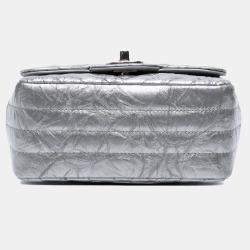 Pre Owned Chanel Silver Mini Square Classic Chevron Metallic Crumpled Patent Single Flap