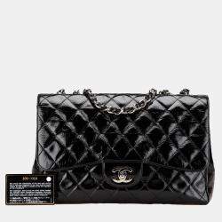Pre Owned Chanel Black Jumbo Classic Crinkled Patent Single Flap