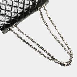 Pre Owned Chanel Black Jumbo Classic Crinkled Patent Single Flap