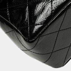 Pre Owned Chanel Black Jumbo Classic Crinkled Patent Single Flap