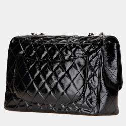 Pre Owned Chanel Black Jumbo Classic Crinkled Patent Single Flap