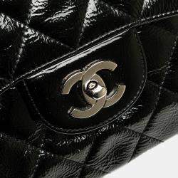 Pre Owned Chanel Black Jumbo Classic Crinkled Patent Single Flap