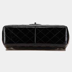 Pre Owned Chanel Black Jumbo Classic Crinkled Patent Single Flap