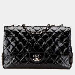 Pre Owned Chanel Black Jumbo Classic Crinkled Patent Single Flap