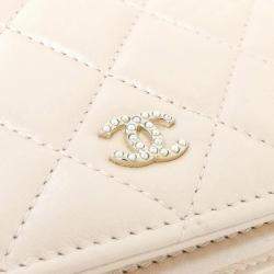 Pre Owned Chanel Beige Leather White Wallet On Chain 