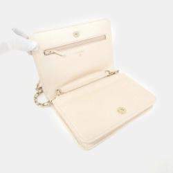 Pre Owned Chanel Beige Leather White Wallet On Chain 