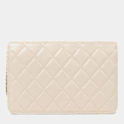 Pre Owned Chanel Beige Leather White Wallet On Chain 