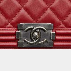 Pre Owned Chanel Red Lambskin Coco Mark Boy Chain Shoulder Bag