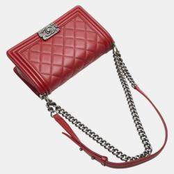 Pre Owned Chanel Red Lambskin Coco Mark Boy Chain Shoulder Bag