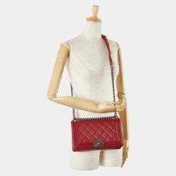 Pre Owned Chanel Red Lambskin Coco Mark Boy Chain Shoulder Bag
