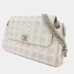 Pre Owned Chanel Pink and Beige Nylon Travel Line Flap Chain Shoulder Bag