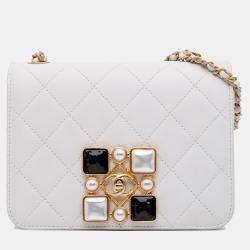Pre Owned Chanel Ivory Small CC Quilted Calfskin Crystal Pearl Full Flap