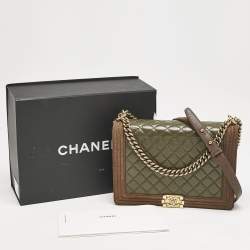 Chanel Olive Green/Brown Quilted Leather and Suede Large Boy Flap Bag