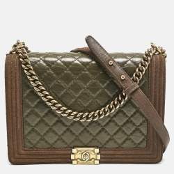 Chanel Olive Green/Brown Quilted Leather and Suede Large Boy Flap Bag