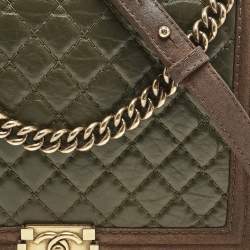 Chanel Olive Green/Brown Quilted Leather and Suede Large Boy Flap Bag
