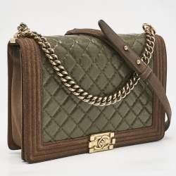 Chanel Olive Green/Brown Quilted Leather and Suede Large Boy Flap Bag