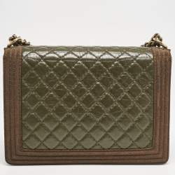 Chanel Olive Green/Brown Quilted Leather and Suede Large Boy Flap Bag