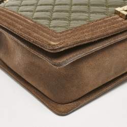 Chanel Olive Green/Brown Quilted Leather and Suede Large Boy Flap Bag