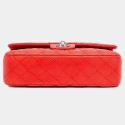 Pre Owned Chanel Red Medium Classic Perforated Lambskin Double Flap