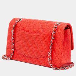 Pre Owned Chanel Red Medium Classic Perforated Lambskin Double Flap