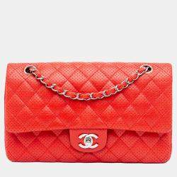 Pre Owned Chanel Red Medium Classic Perforated Lambskin Double Flap