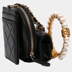 Chanel Black Lambskin Pearl Crown CC Wristlet Multi Pouches