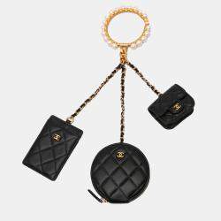Chanel Black Lambskin Pearl Crown CC Wristlet Multi Pouches